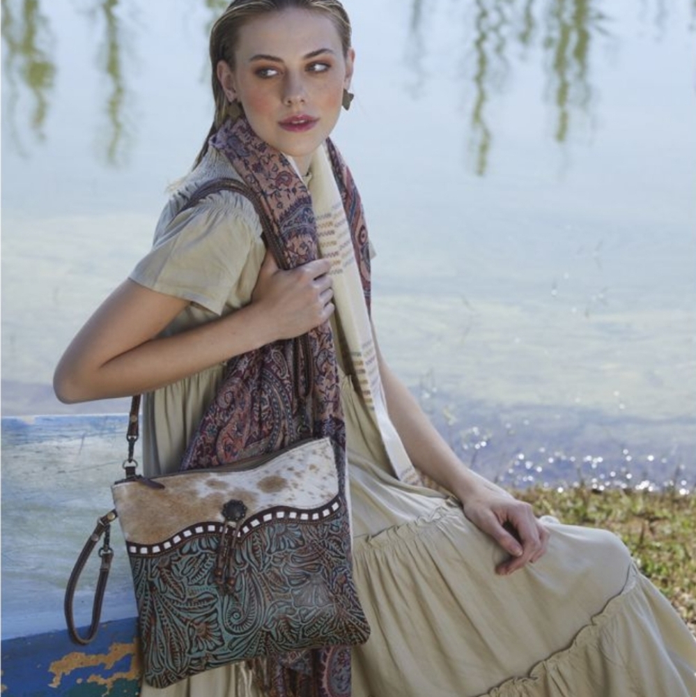 Myra Bag Brown Hair-on Cowhide and Turquoise Tooled Leather Shoulder Bag - Picture 2 of 11